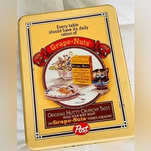Vintage 1898 Reproduction Grape-Nuts Cereal Tin 8" x 3.25" x 6" No Dents